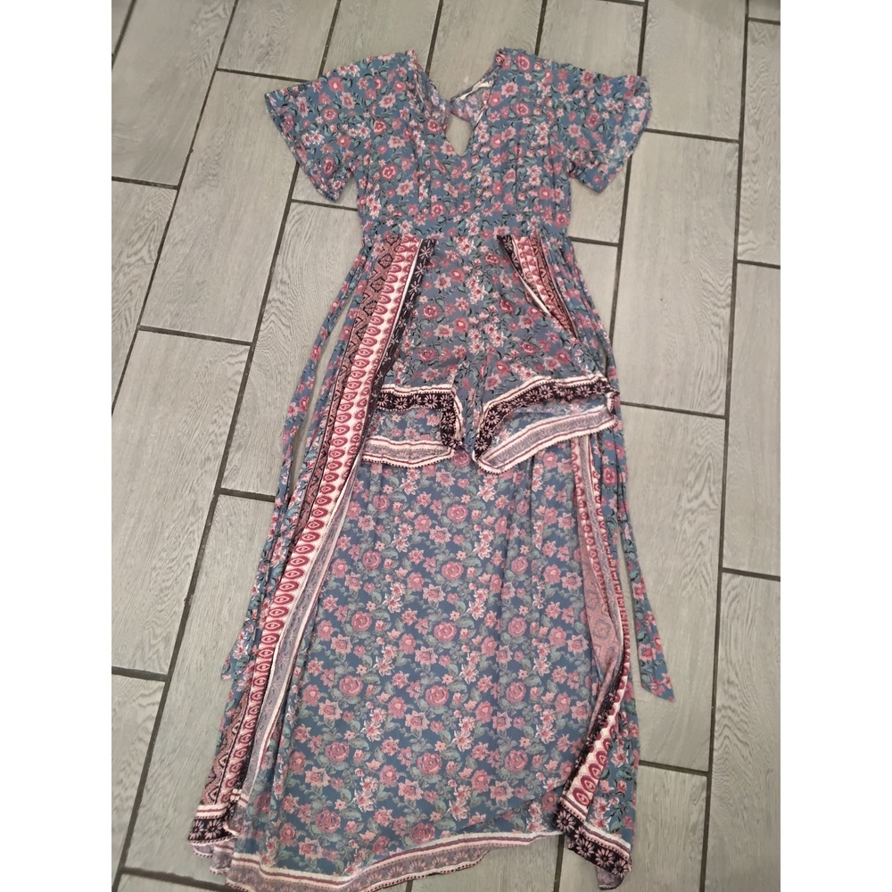 Miamasvin Floral Maxi Romper Skirt Overlay Blue Pink Boho Festival Dress Small
